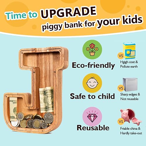 Miniatura 539 de SummiDate Alcancía de madera con nombre, niños y niñas, tamaño grande, letras alfabeto A-Z, monedas y billetes, inicial en cubierta transparente