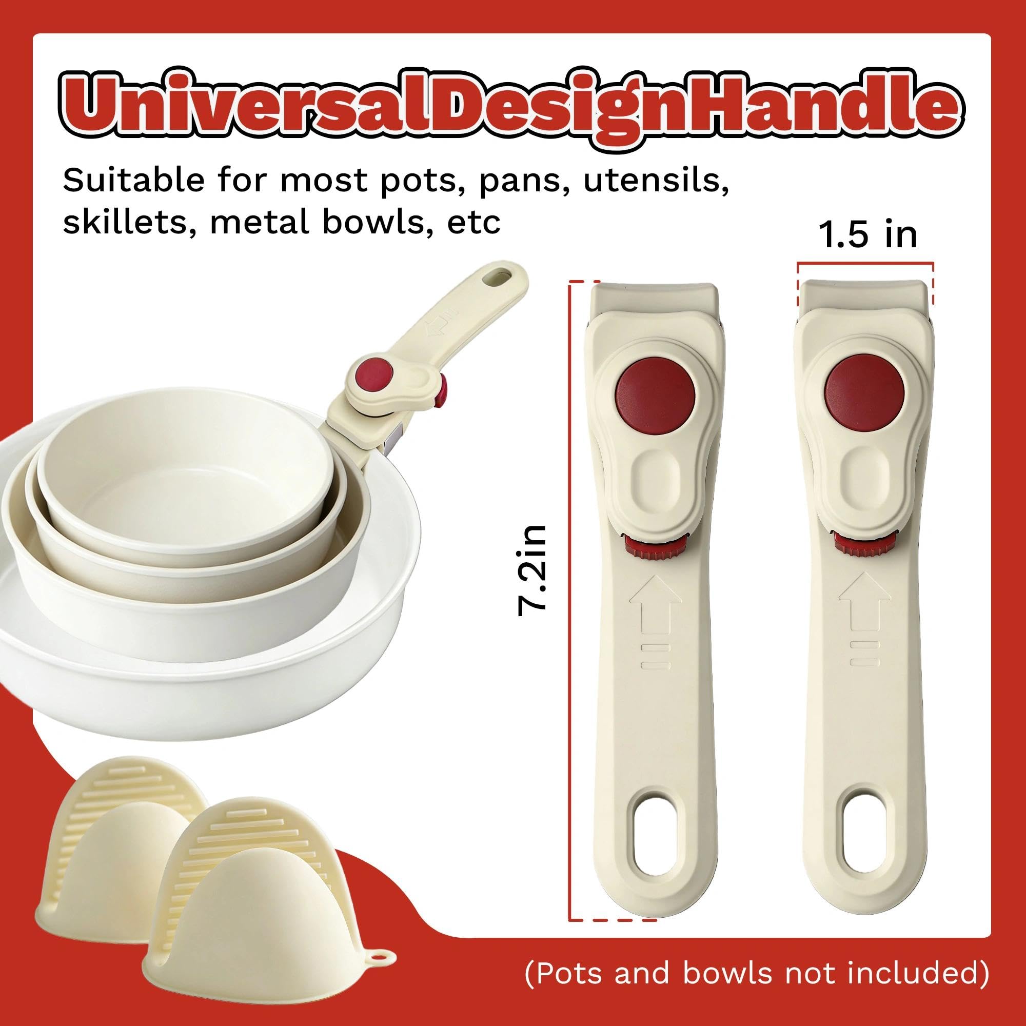 2 abnehmbare Topfgriffe, cremefarben, beige, mit 2 Silikon-Ofenhandschuhen, Topfgriffe, Ersatz, geeignet für alle Kochgeschirr