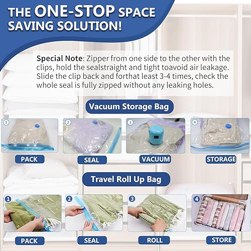 Miniatura 6 de Paquete de 25 bolsas de almacenamiento al vacío con bomba eléctrica, bolsas ahorradoras de espacio (5 jumbo5 grandes5 medianas5 pequeñas5 rollos) de