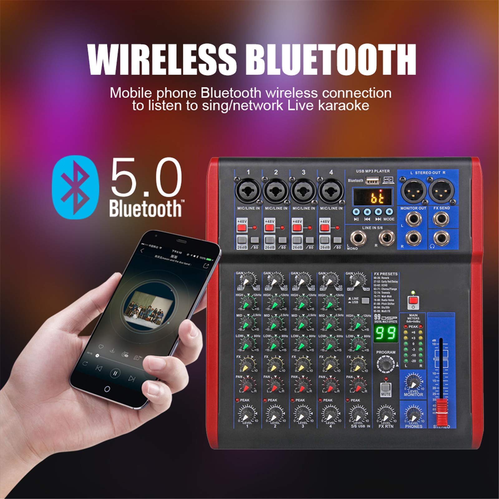 MRKU Mixer Live, Mixer da Studio Controller DJ a 6 canali con Effetto Riverbero 99DSP Mixer USB Bluetooth 5.0 per Karaoke Registrazione PC Microfono a condensatore Mixer DJ