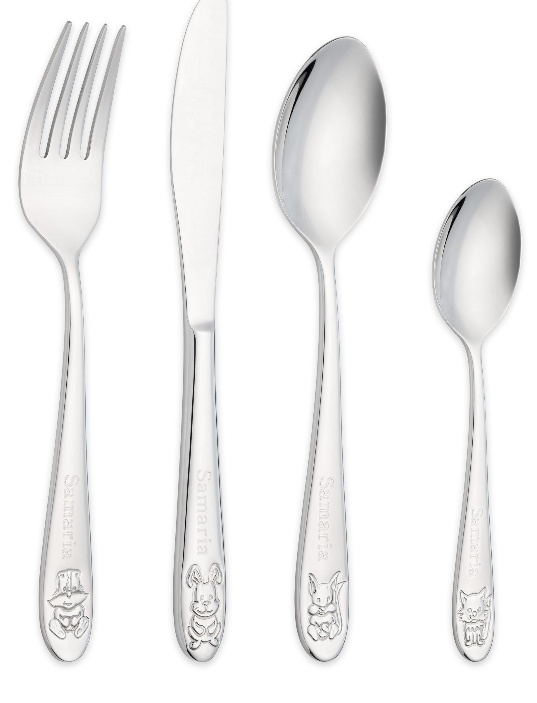 Personalised Engraved Childrens Kids 4 Piece Cutlery Set Featuring a Squirrel, Fox, Rabbit & Badger in Giftbox Perfect Christening Gift