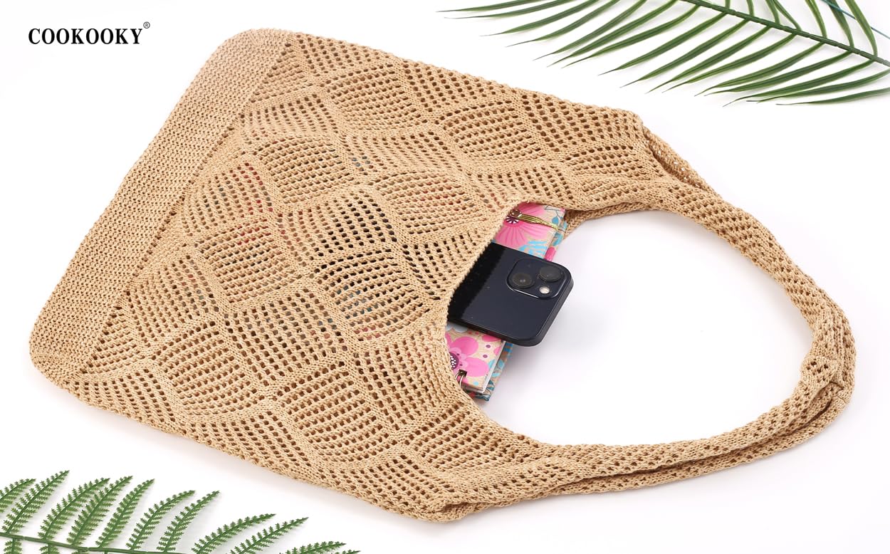 COOKOOKY Crochet Beach Tote bag Summer Beach Bag for Women Aesthetic Mesh Tote Bag Hippie Bag Knit Bag — view 6