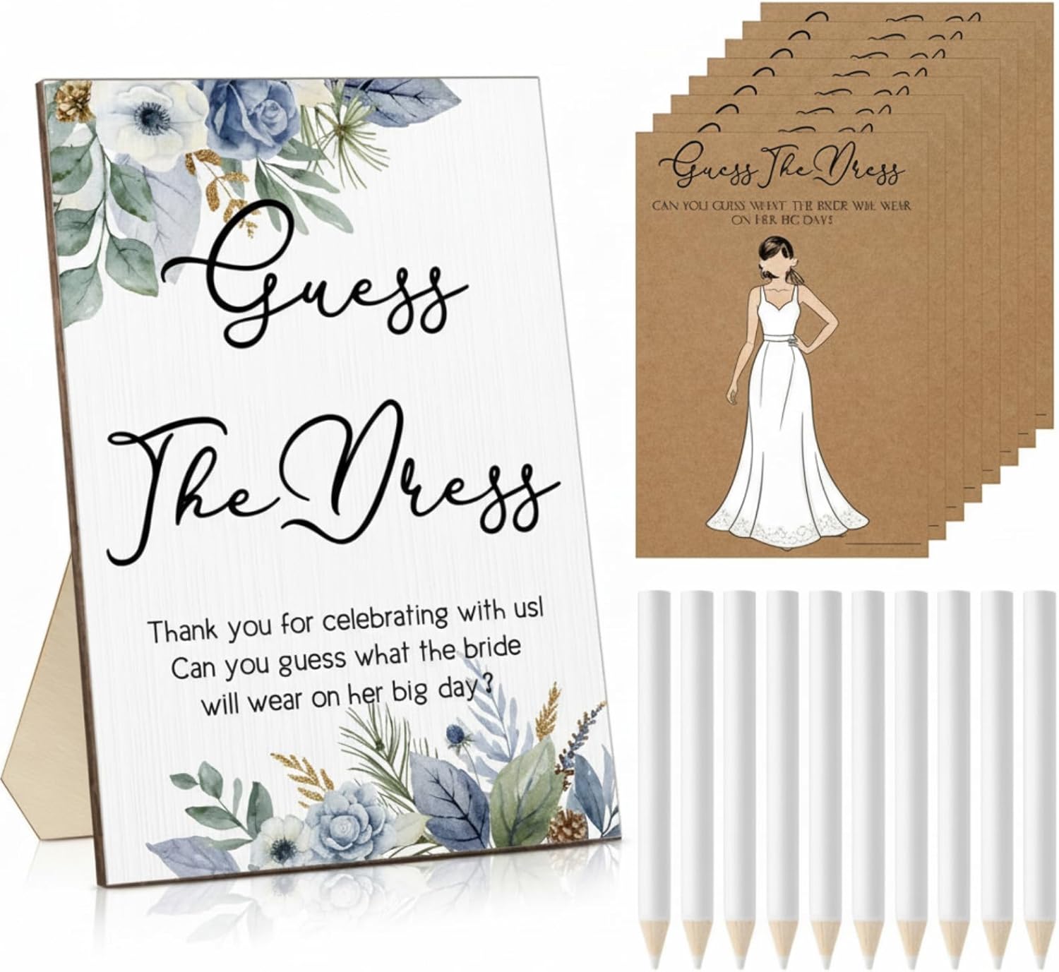 Seajan 50 Sets Guess The Dress Bridal Shower Game Wooden Sign Fun Bridal Shower Games Table Sign 50 Small Guessing Cards 50 Pencils for Guests Wedding Bachelorette Party Supplies(Wild Flowers)
