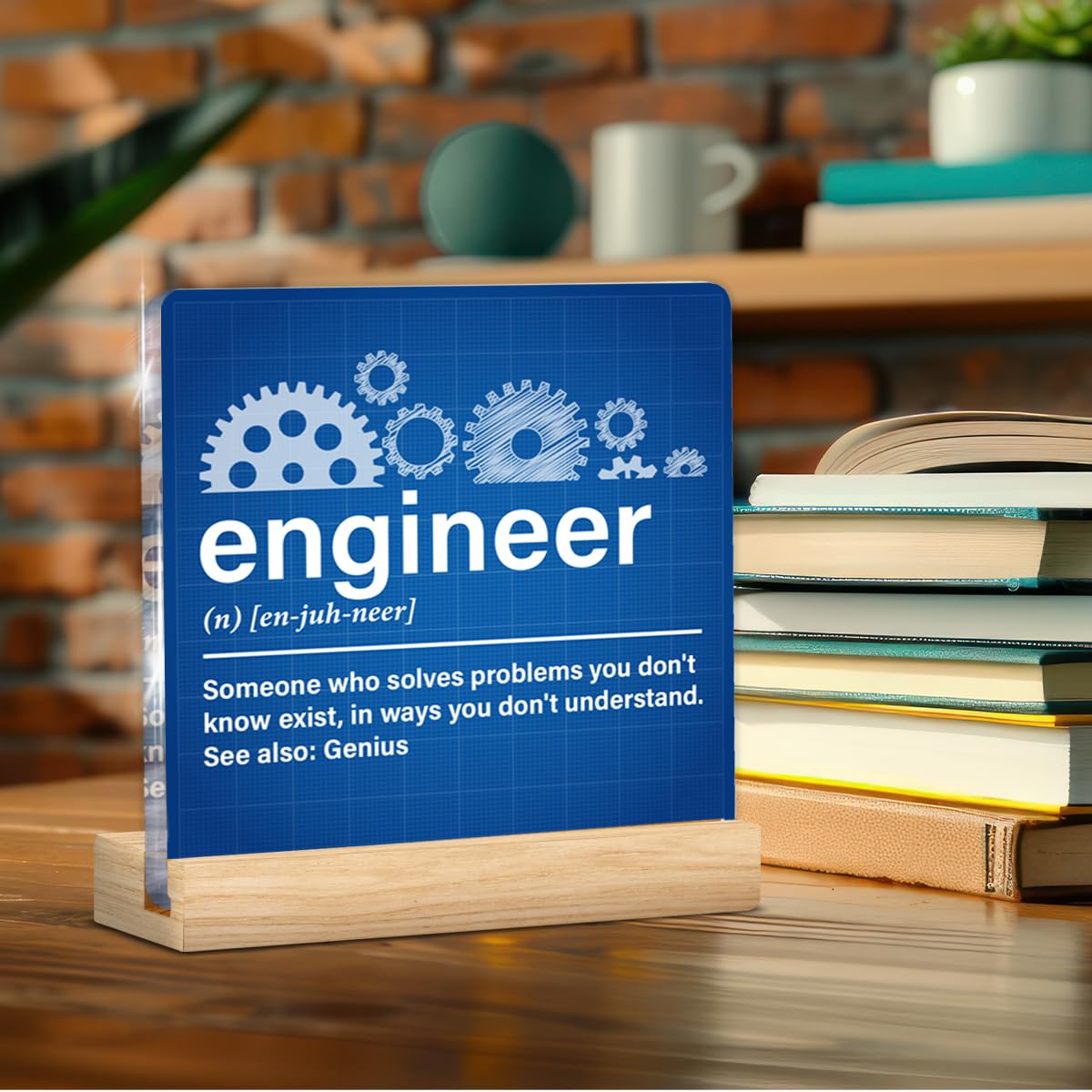 Engineer Gifts for Women Men, Gifts for Engineers Mechanical Engineering, Engineer Definition Acrylic Plaque Sign with Wood Stand Home Office Decor