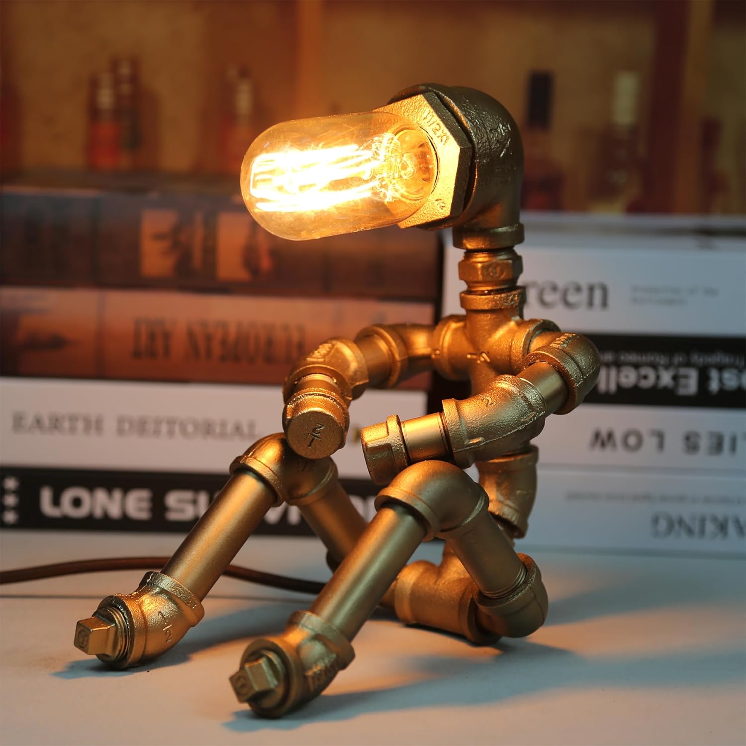 Steampunk Table lamp dimmable,Edison Light, Industrial Retro Desk lamp Unique Pipe Robot Light,Iron Table Lighting, Cool Gifts for Office, Bedroom, Living Room,Art Decor,Free Edison Bulbs