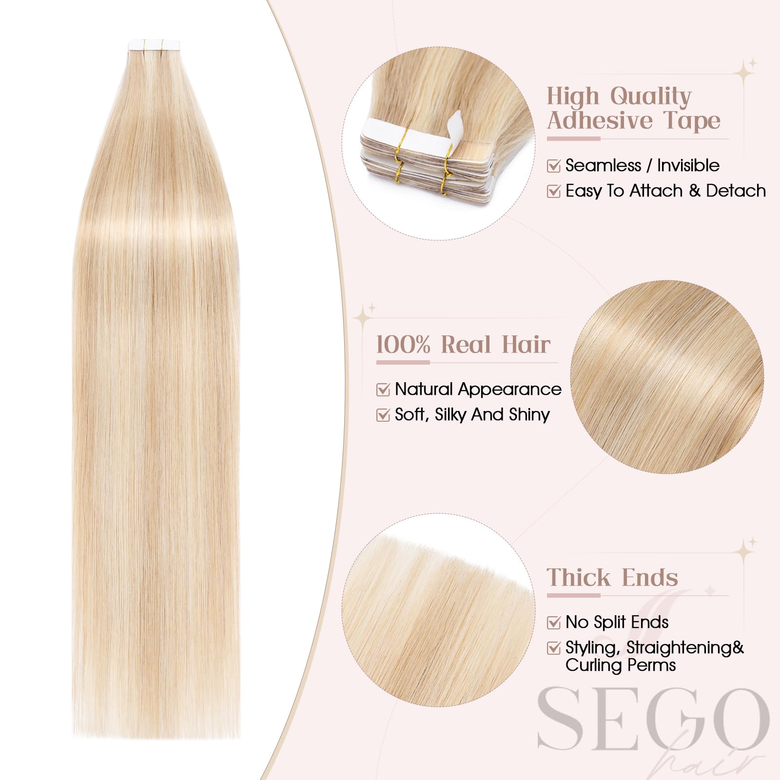 SEGOHAIR Tape in Hair Extensions Human Hair 20pcs Extensions,100% Real Remy HairPieces 16" Natural Invisible Straight with 10pcs of Hair Extension Tapes-Dark Blonde with Bleach Blonde - Image 3