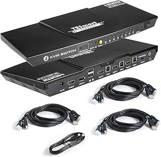 TESmart HDMI and USB C KVM Switch 4 Port Box, UHD 4K@60Hz RGB 4:4:4, USB 2.0 Hub, Stereo Audio, Hotkey, Button Switching, PC Keyboard Mouse Switcher for 3 HDMI and 1 USB-C Computers with 5ft Cables