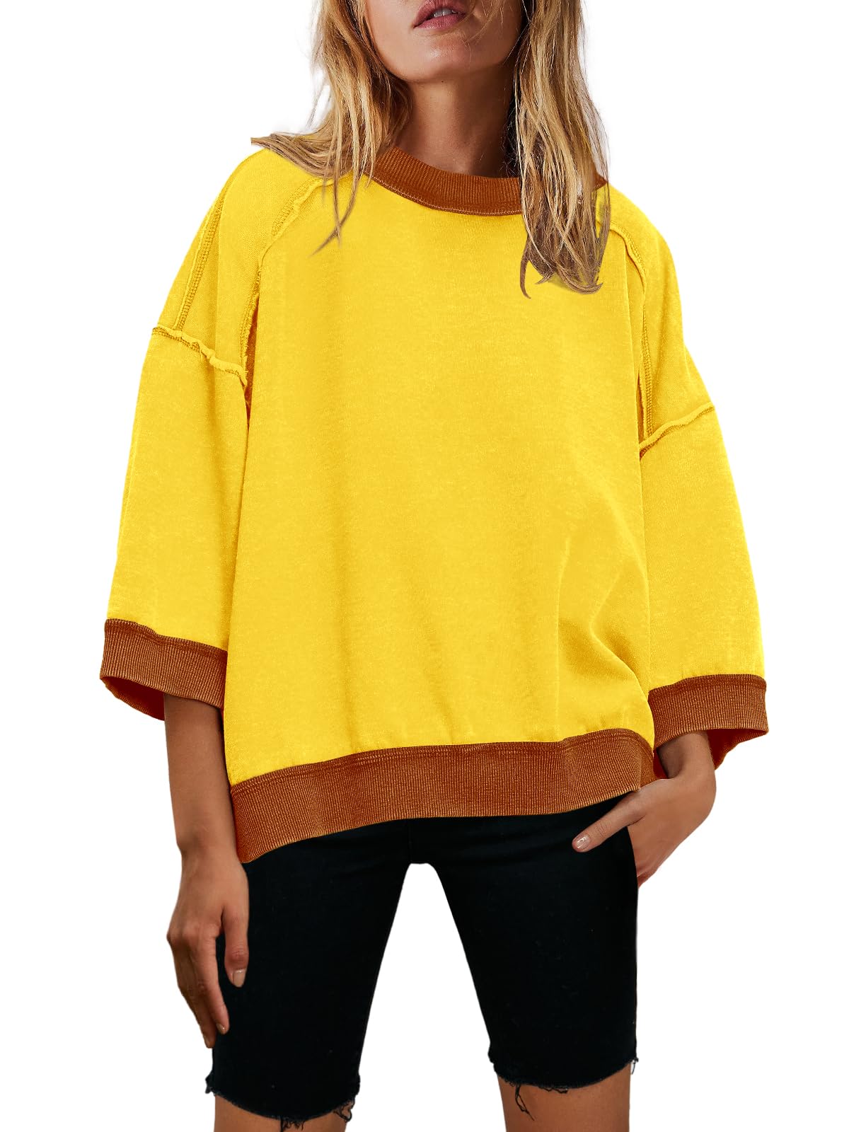 Nirovien Womens Short Sleeve Sweatshirt Oversized Crewneck Sweatshirts 3/4 Sleeve Casual Summer Tops