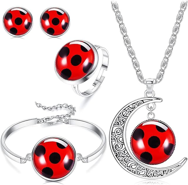 ADRAMATA 5Pcs Good Luck Ladybug Jewelry for Women Girl Moon Necklace Red Ladybug Bracelet Lucky Ladybug Earrings Adjustable Ring Stud Set Wish Lucky Gift