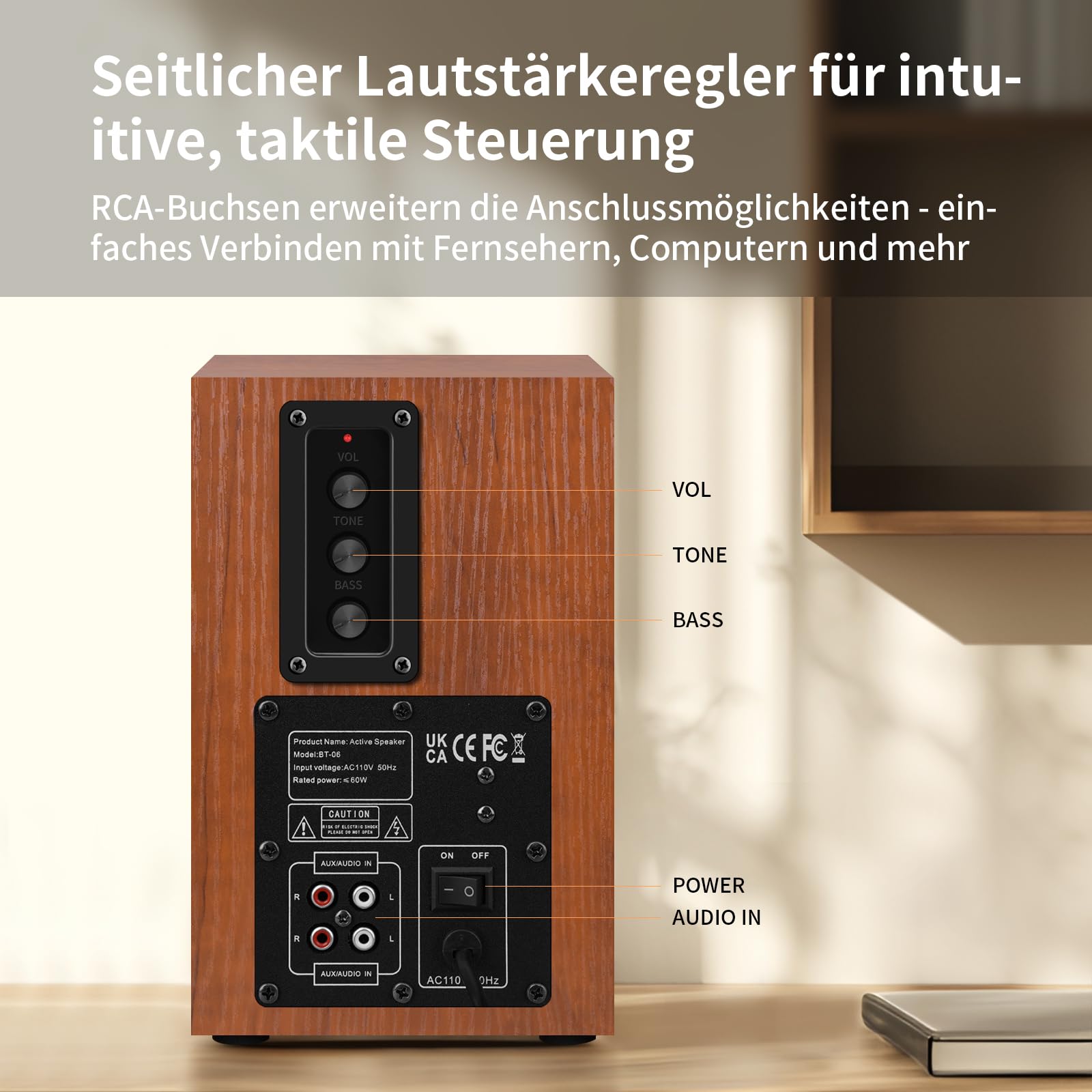 Elimavi Aktive Regallautsprecher 35W RMS, Ausgestattet mit 4 Zoll Woofer und 1 Zoll Tweeter, unterstützt Wandmontage, mit RCA-Eingang, kompatibel mit Fernsehern, PCs und Plattenspielern, Gelb