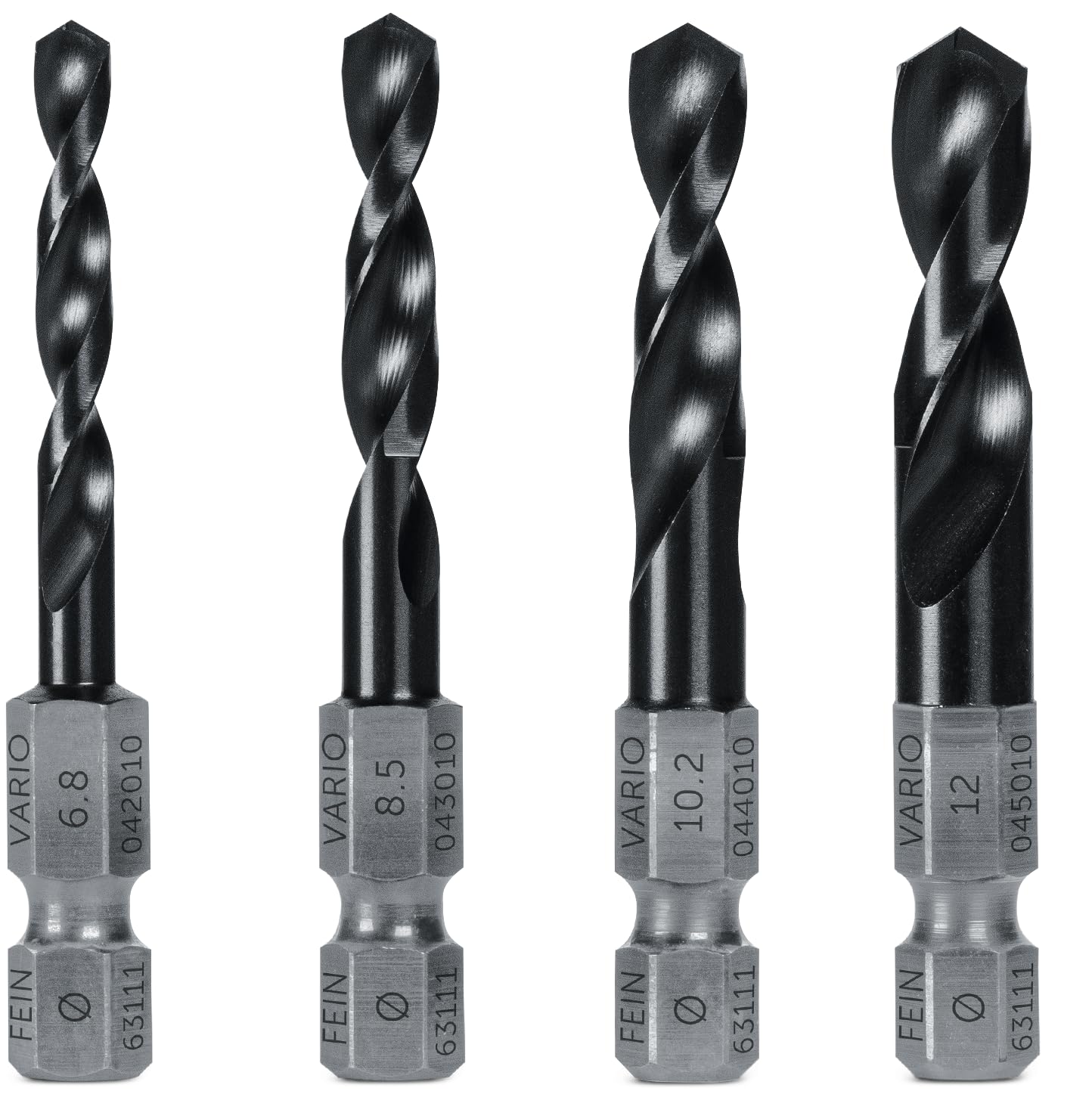 FEIN Set de brocas con Inserción Weldon VARIO de 4 piezas con los tamaños 6,8 mm, 8,5 mm, 10,2 mm y 12 mm, alta resistencia del material, a poco desgaste y fricción, taladros para Roscar