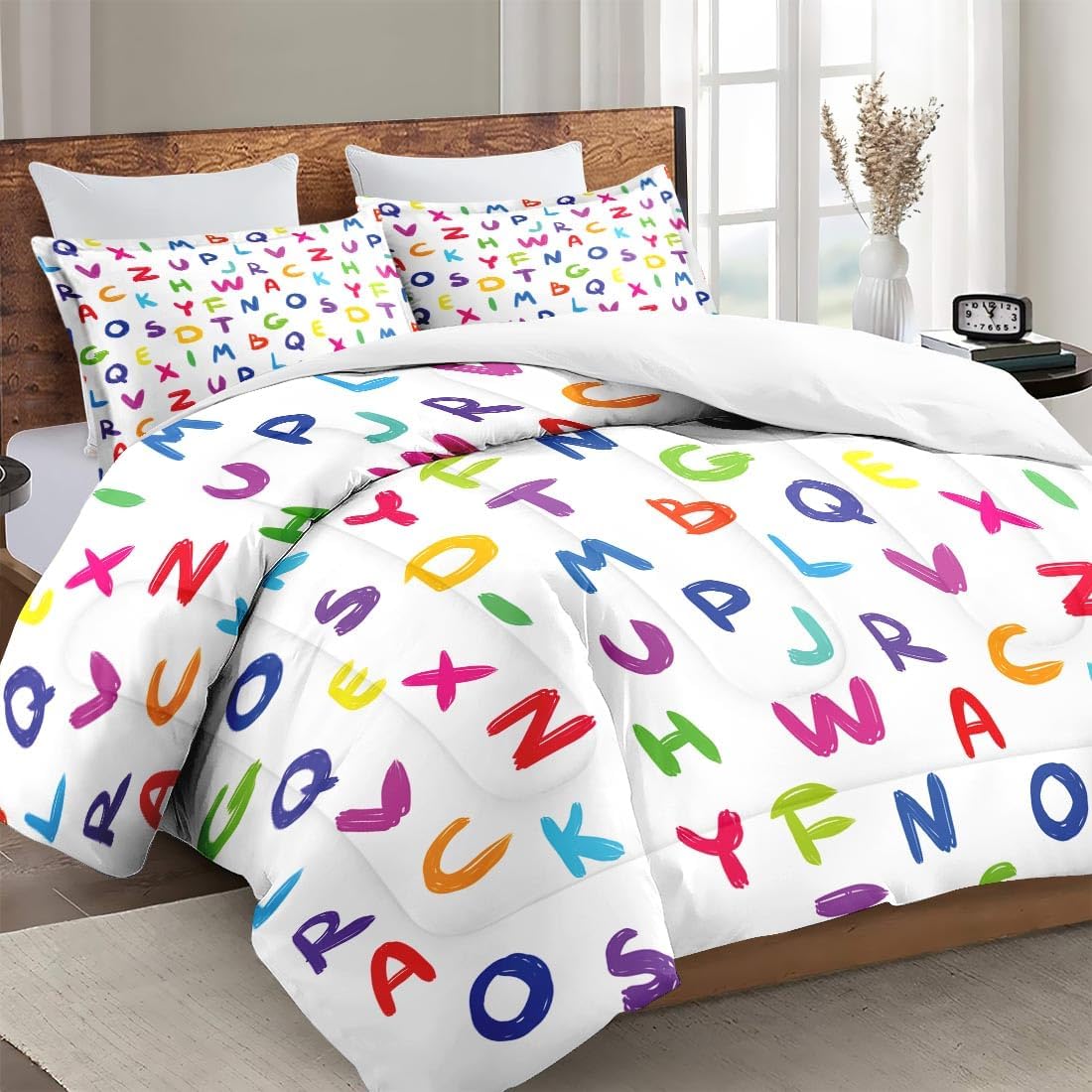 WeCozy Full Size Comforter Set with 2 Pillowcases, Colorful Multicolored English Alphabet Kids Soft 3 Pcs Bedding for Kids and Adults Bedroom Bed Decor