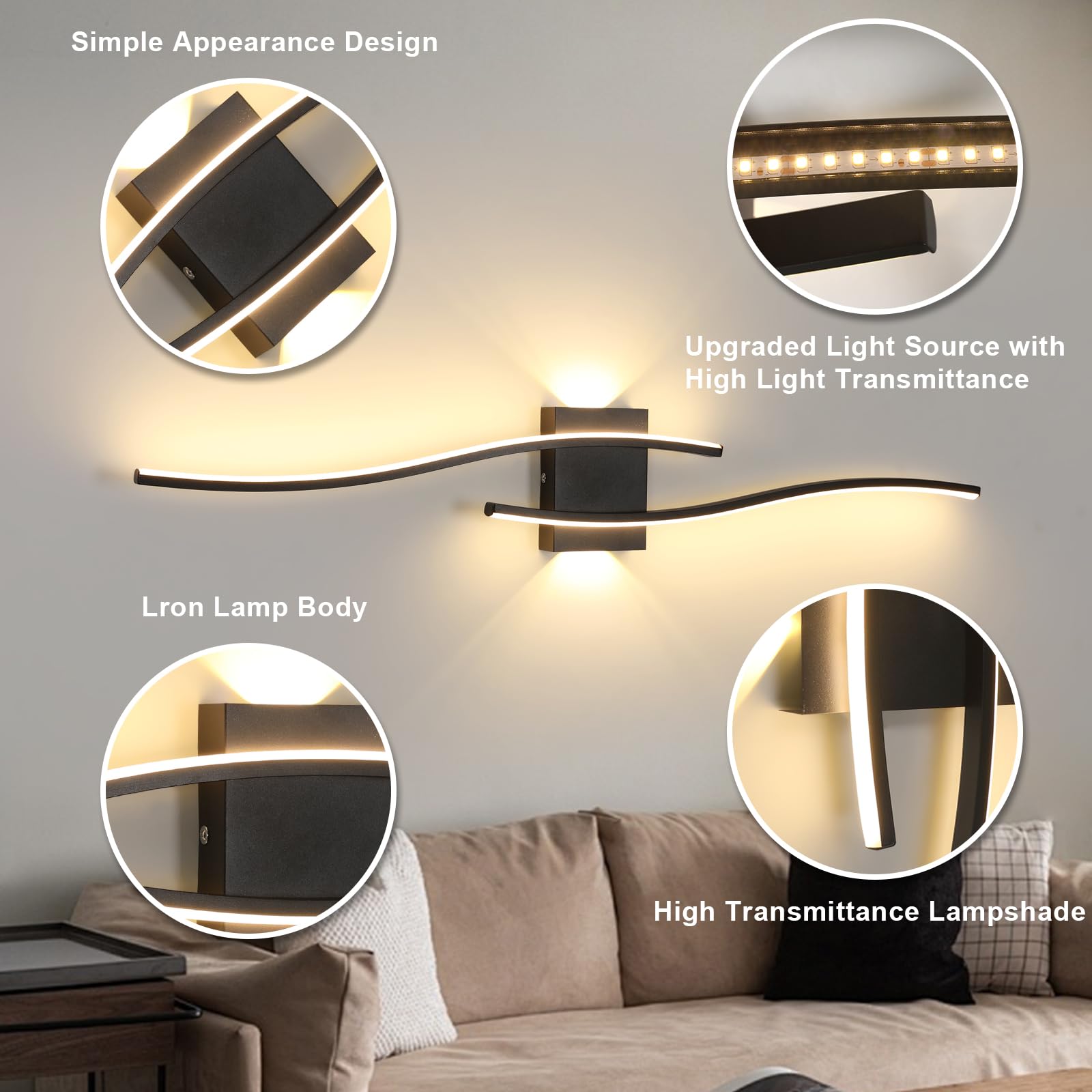 DELIPOP Aplique Pared Interior, 27W Largo Lámpara de Pared LED Moderna, Negro Iluminación para Salón Dormitorio Pasillo Estudio, Blanco Cálido 3000K | Diseño Largo Luz de Pared para Dormitorio Cocina Oficina Comedor Balcón