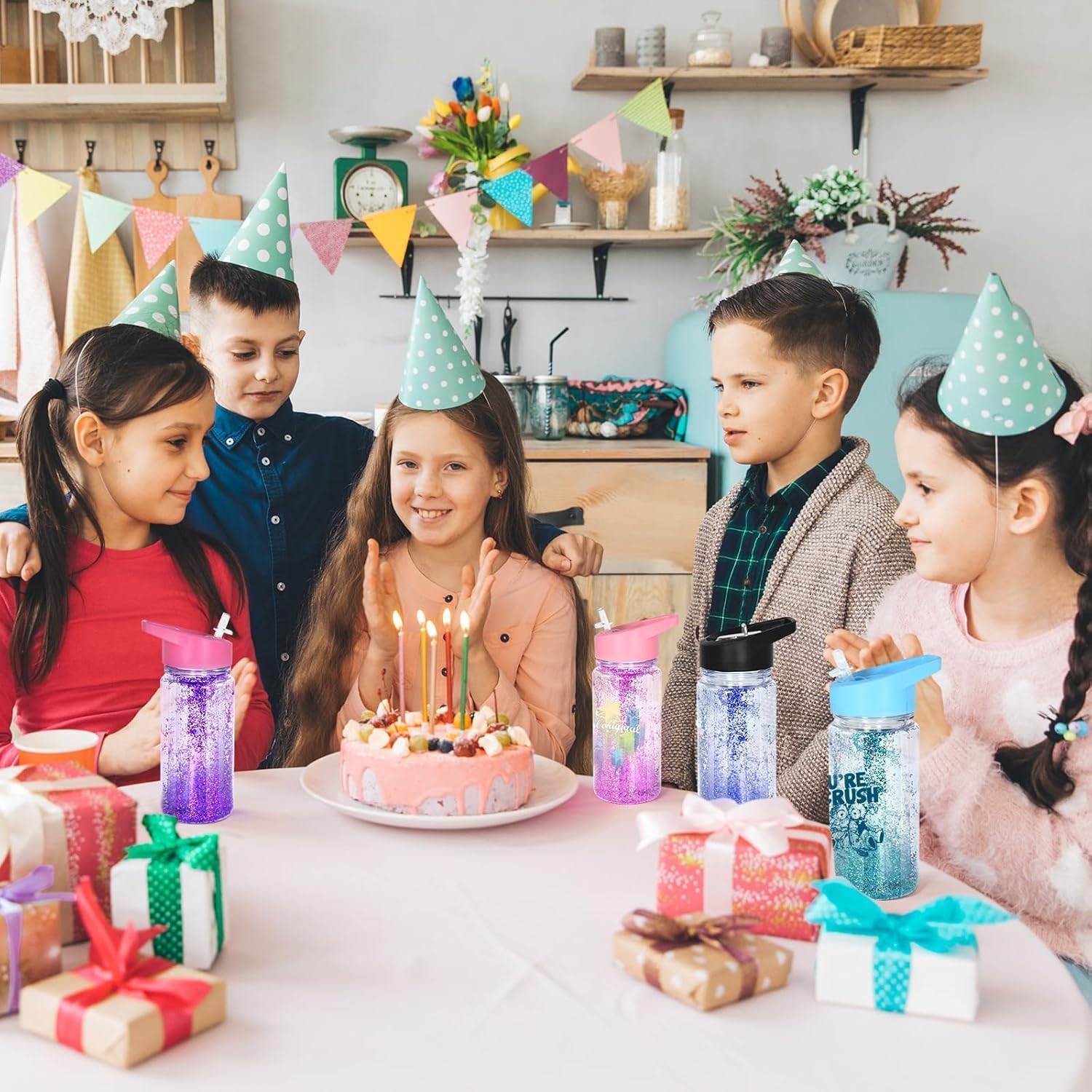 10oz 4 Pack Double Wall Clear Water Bottle Bulk Plastic Snow Globe Tumbler with Handle Lid, Acrylic Pre-Drilled Hole With Stopper Sippy Snow Globe Kid Water Bottle for Scool Sport DIY Gift - Image 6