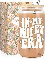 Fairy's Gift Wifey Era Cup, Wedding, Bride Gifts for Her, Bridal Shower, Engagement Gifts for Women, Couples, 16 oz Coffee Glass Cups w/Lids Straws, Bachelorette Presents for Bride to be, Future Mrs