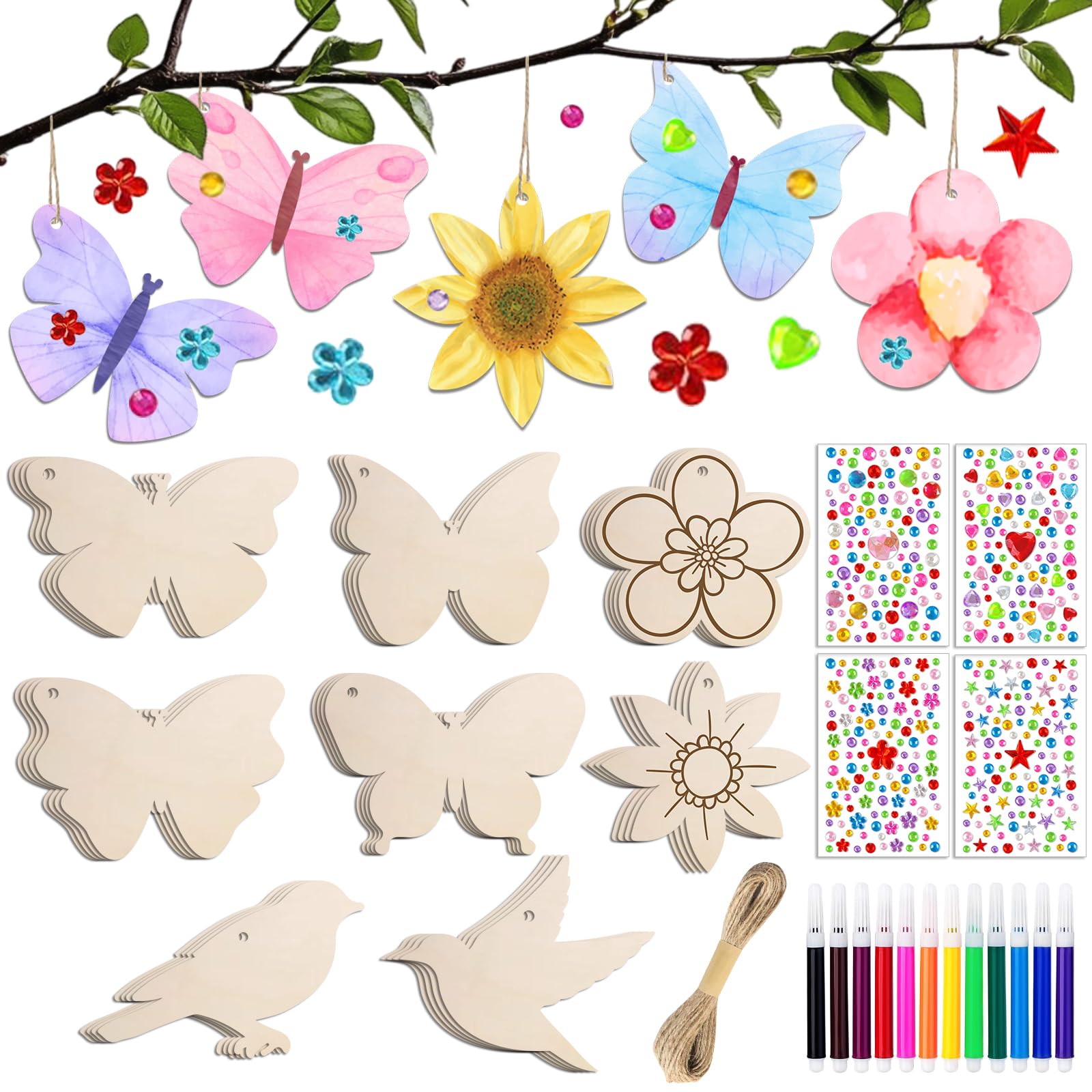 57 Stück Bastelsets für Kinder, Basteln Kinder Schmetterling Blume Vogel Holzanhänger zum Bemalen, Kindergeburtstag Basteln Mädchen, DIY Kreativsets mit Aquarellstift Edelsteinaufkleber