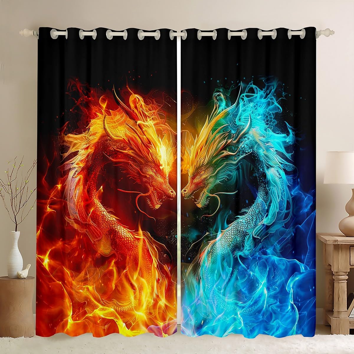 Feelyou Dragon Darkening Drapes (2 Panels, 42 x 63 Inch) Fire and Ice Dragon Couple Curtains for Bedroom Living Room Decor Wild Animal Blackout Curtains Safari Theme Window Treatments