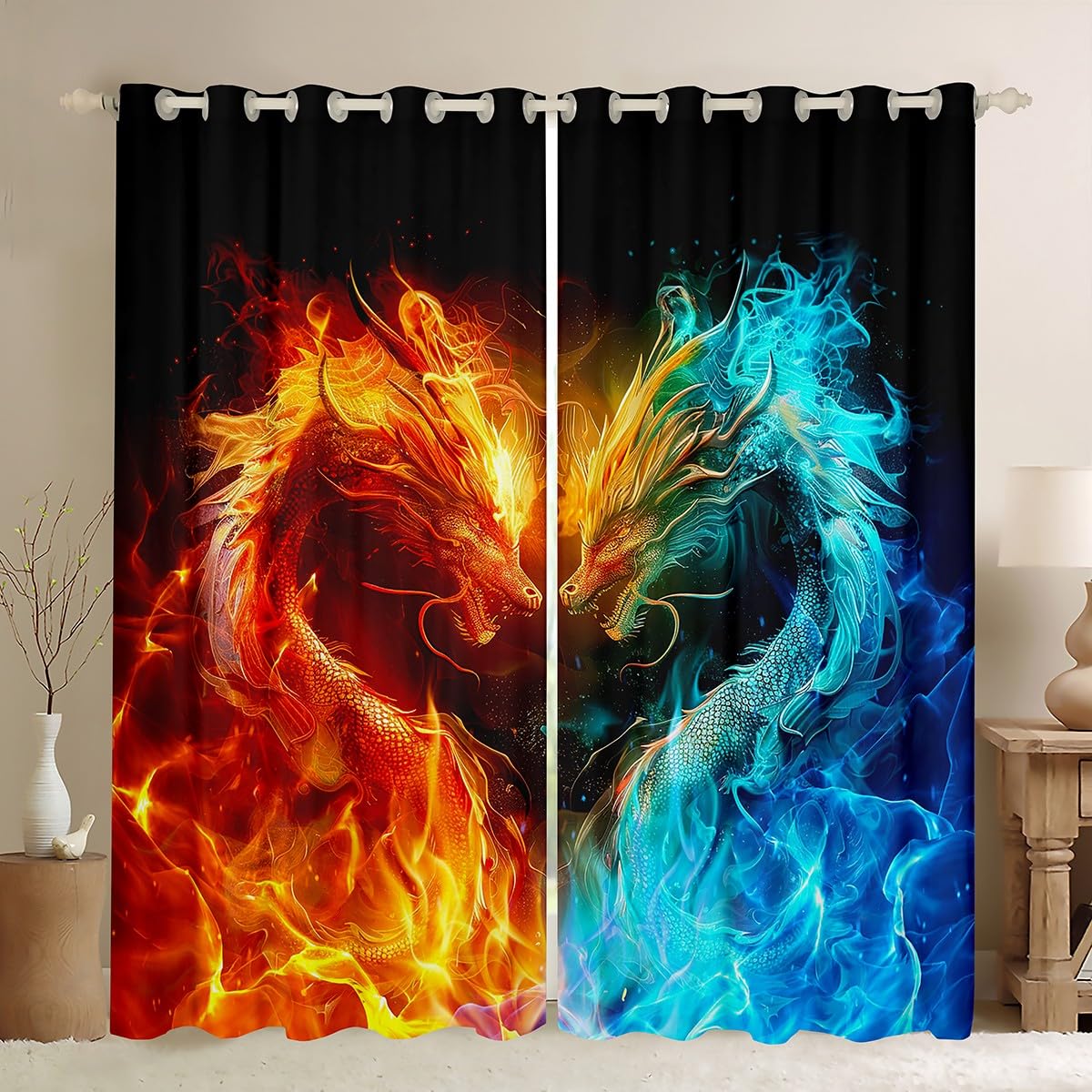 Feelyou Dragon Darkening Drapes (2 Panels, 38 x 45 Inch) Fire and Ice Dragon Curtains for Bedroom Living Room Decor Wild Animal Blackout Curtains