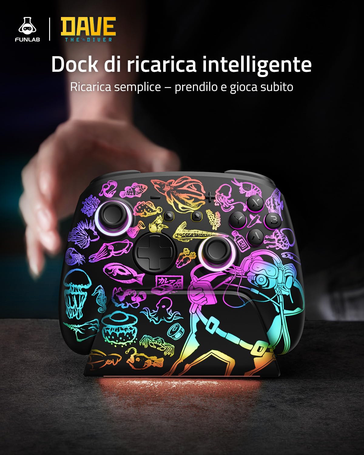 Funlab Controller Switch 2 Pro con Dock per Nintendo Switch 2/1/OLED, Wireless Luminex con Sveglia 1 Tocco/Effetto Hall / 7 LED/Turbo, Setup Gaming RGB - Licenza Ufficiale Dave the Diver