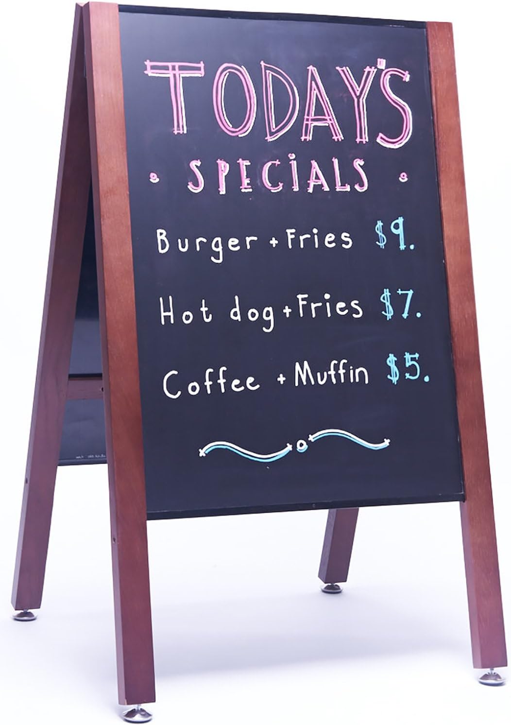 New! Sidewalk A frame Mahogany Sandwich Chalkboard Sign with Wheels. Double-sided Slide-in Magnetic Chalkboards (18" x 26") for liquid or normal chalk. + BONUS Accessories: Eraser, Magnets, Chalk.