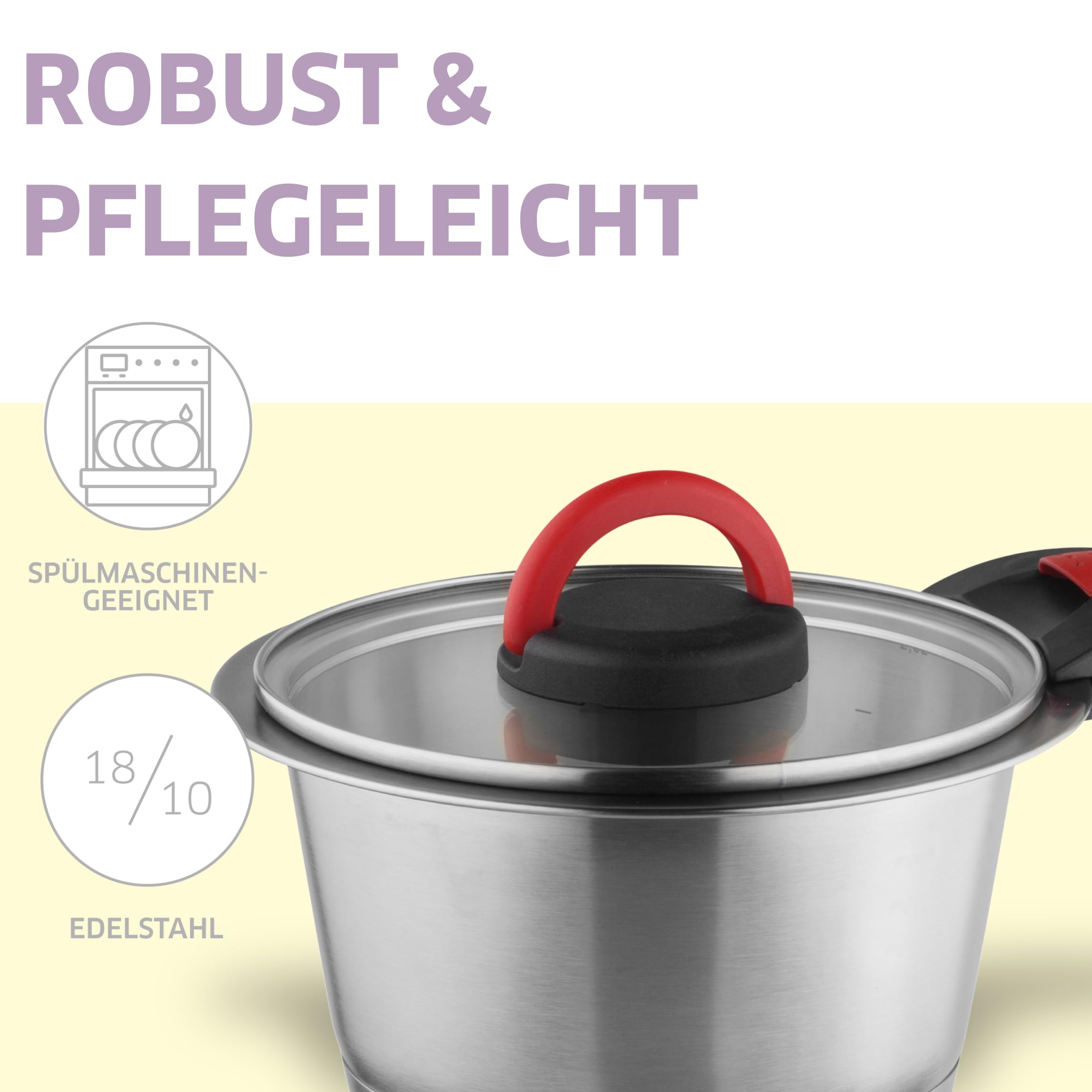 Topfset 12-tlg, abnehmbarer Griff, Edelstahl 18/10 | Das 12-teilige Set umfasst 3 Töpfe, 3 Griffe und 6 Deckel – stapelbar, spülmaschinenfest und induktionsgeeignet