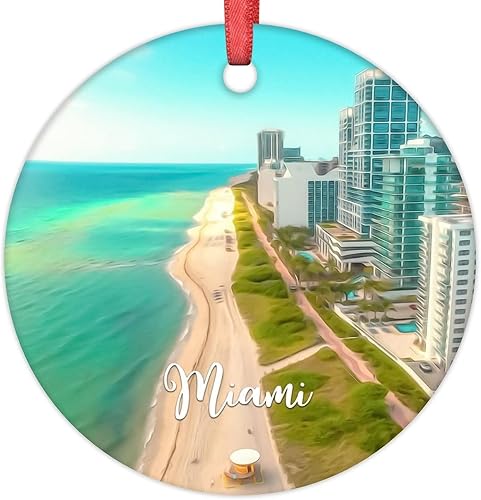 Miami Beach - Decoraciones navideñas para árbol, Florida, Estados Unidos, adorno de Navidad de paisaje urbano 2022, recuerdo de viaje, adornos