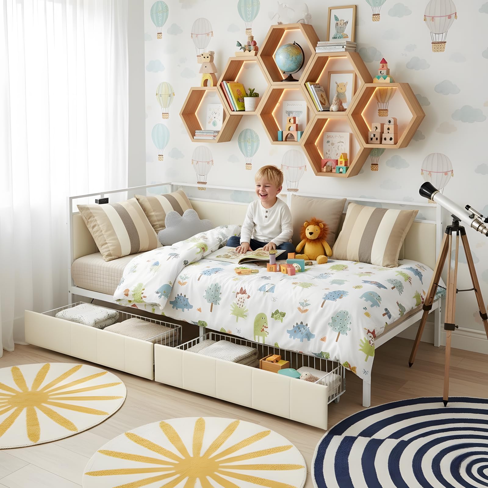 Letto Singolo Angolare con LED RGB, 2 Cassetti, Stazione Ricarica USB/Type C, Struttura Robusta in Metallo, Divano Letto con Doghe 90x200 cm, Salvaspazio per Camera Letto/Ospiti, Beige