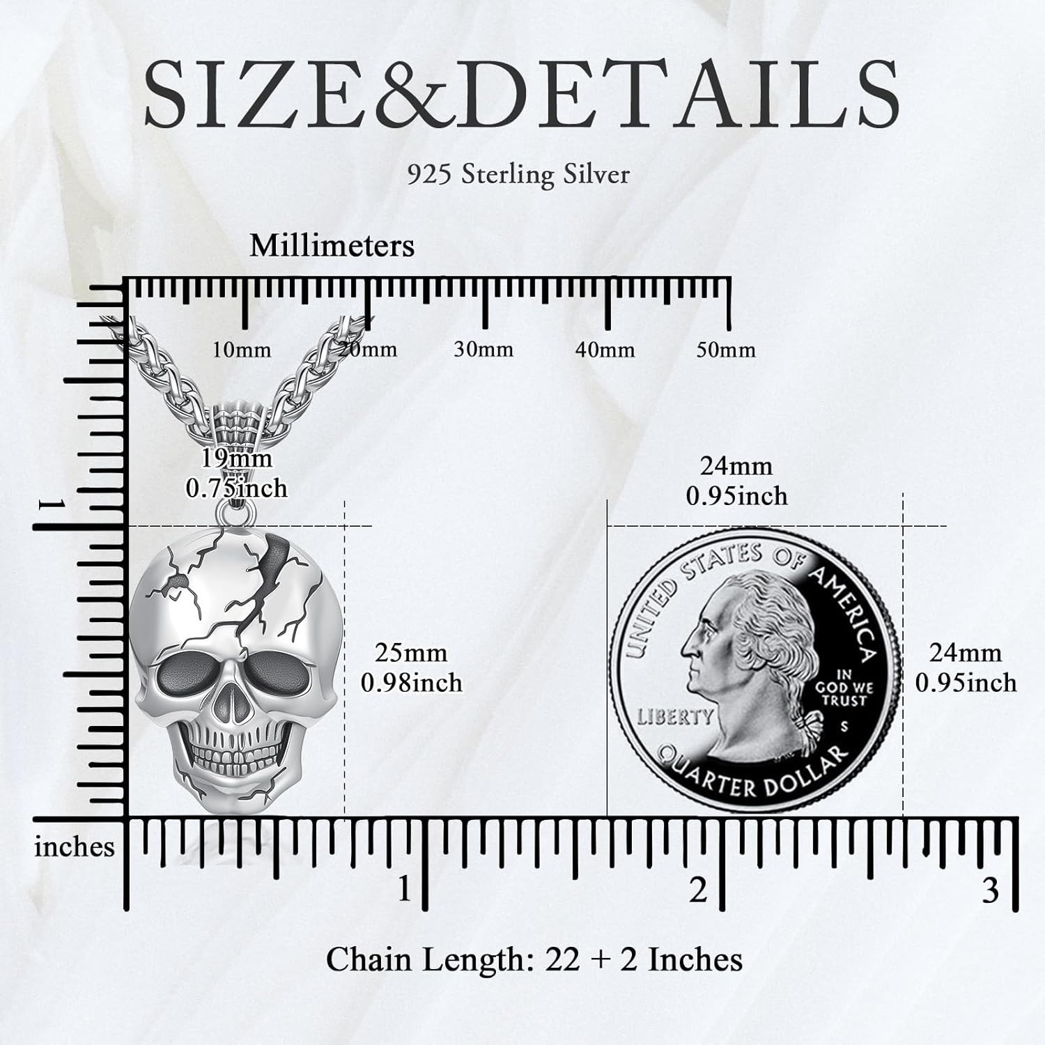 Skull Necklace for Men 925 Sterling Silver Damaged Texture Skull Head Pendant Gothic Skeleton Jewelry for Dad Son - Image 4