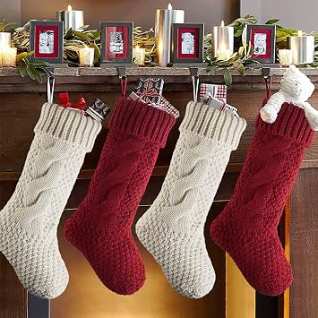 Meriwoods Christmas Stockings, 4 Pack 18 Inches Large Cable Knit Knitted Stockings, Rustic Xmas Farmhouse Decorations for Family Holiday Country Home Decor, Burgundy Red & Cream White
