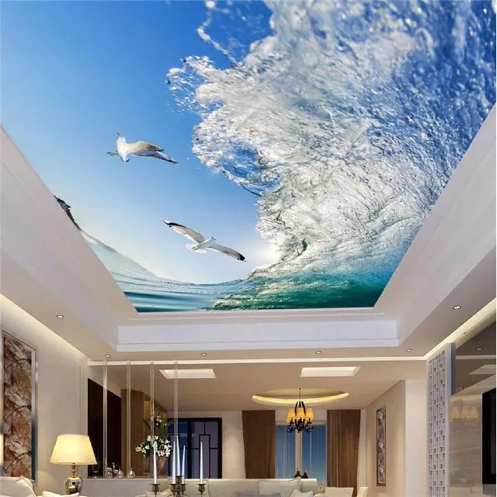 Plafond 3d vagues de mouette pour une chambre parentale élégante