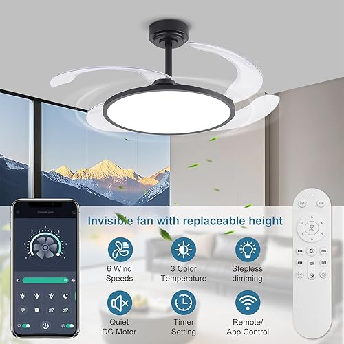 Miniatura 6 de Ventilador de techo retráctil de 48 pulgadas con control remoto, ventilador de techo sin aspas con luces LED, espectro completo continuo, memoria,