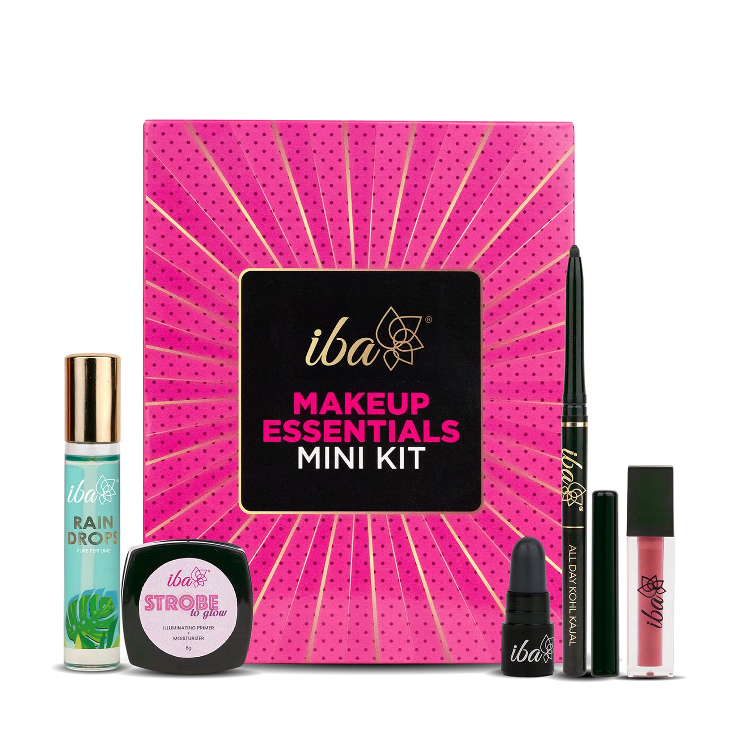 Iba Mini Makeup Essentials Kit for Women | 5 in 1 Makeup Kit | Contains: Perfume, All Day Kohl Kajal, Liquid Matte Mini Lipstick, Strobe to Glow Illuminating Primer + Moisturizer & PH Lipstick | All-In-One Makeup Kit | Long Lasting Makeup Combo-image-0