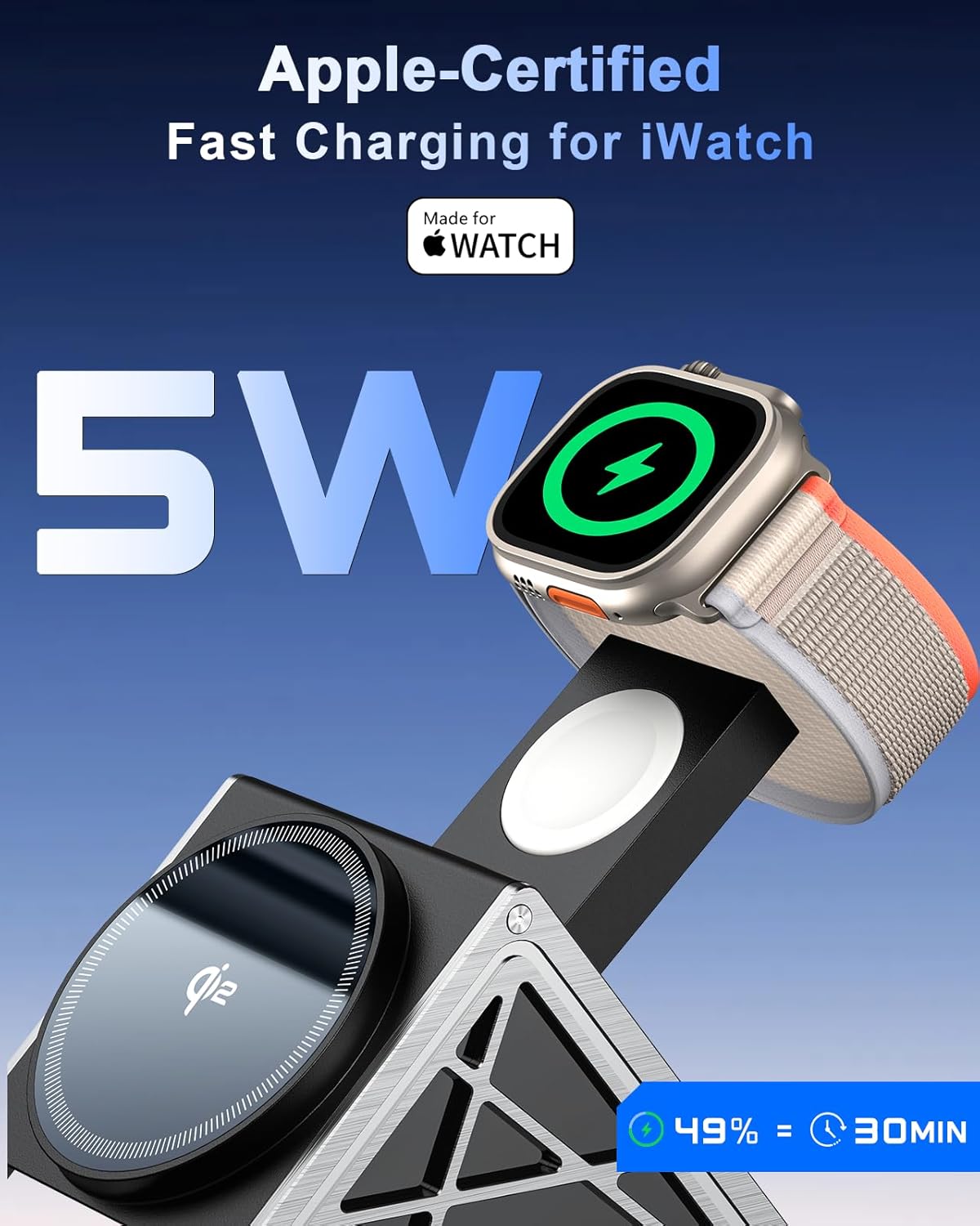 NANAMI Wireless Charging Station for Apple Watch, Qi2 Certified 3 in 1 15W Magnetic Wireless Charger Stand for iPhone 17/17 Air/16/15/14/13/12, AirPods 4/3/Pro/Pro 2, [Certified] Apple Watch Charger