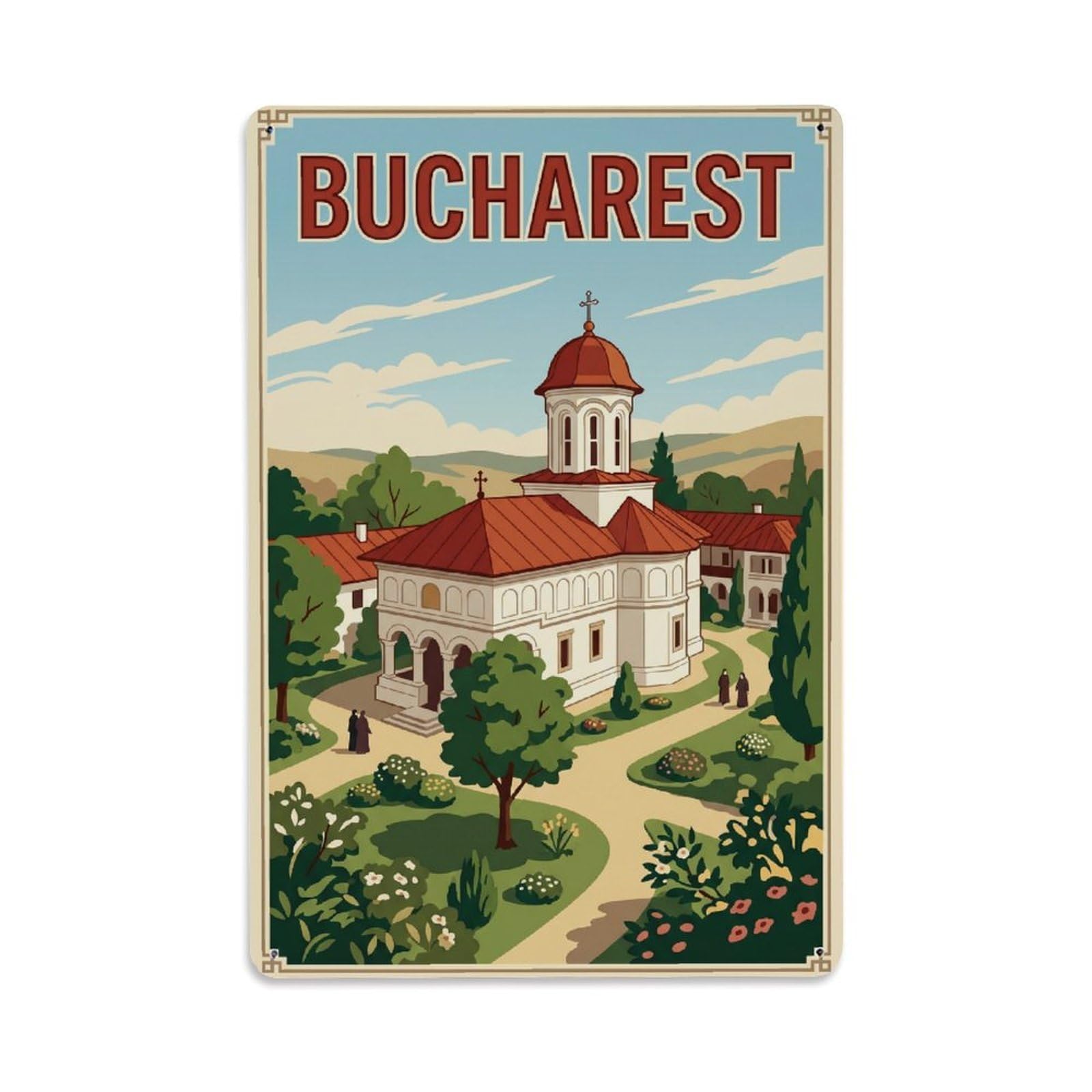 Vintage Travel Bucharest Pasarea Monastery Clean Romania Metal Tin Sign Plaque Wall Decor for Cafe, Club Bar, Office, Home Garden Metal Poster 8x12Inch