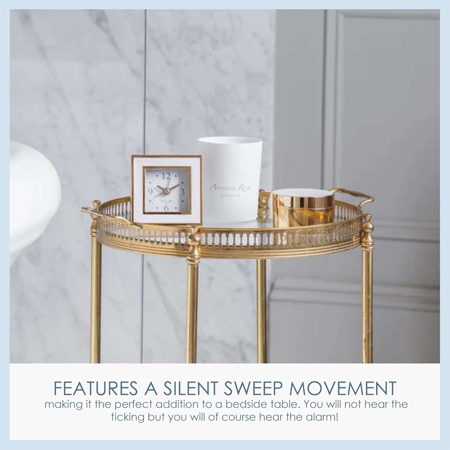 Addison Ross Battery Alarm Clock – Silent Sweep – Compact & Stylish – Alarm Clock Bedside – Velvet-Backed Design/Home & Office Decor – White & Gold