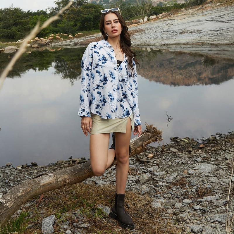 Image of PINACOLADA Women's Solid Oversized Shirt for Casual Wear | Spread Collar | Long Sleeve | Button Closure | Oversized Shirt Crafted with Comfort Fit for Everyday Wear
