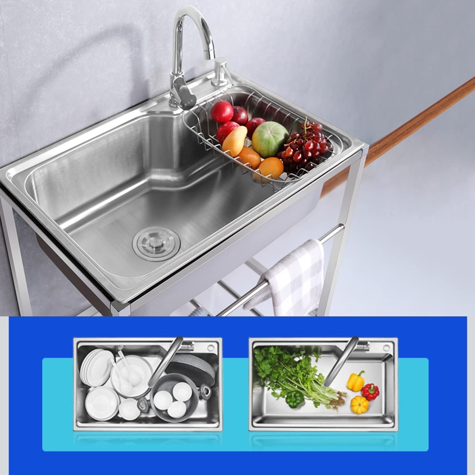 Fregadero Portatil,Mueble Fregadero,fregadero de pie libre Fregadero de cocina de acero inoxidable comercial,Con Agua Fria y Caliente Grifo, para Garaje, Jardín, Cocina, Lavadero (Color : Single cold