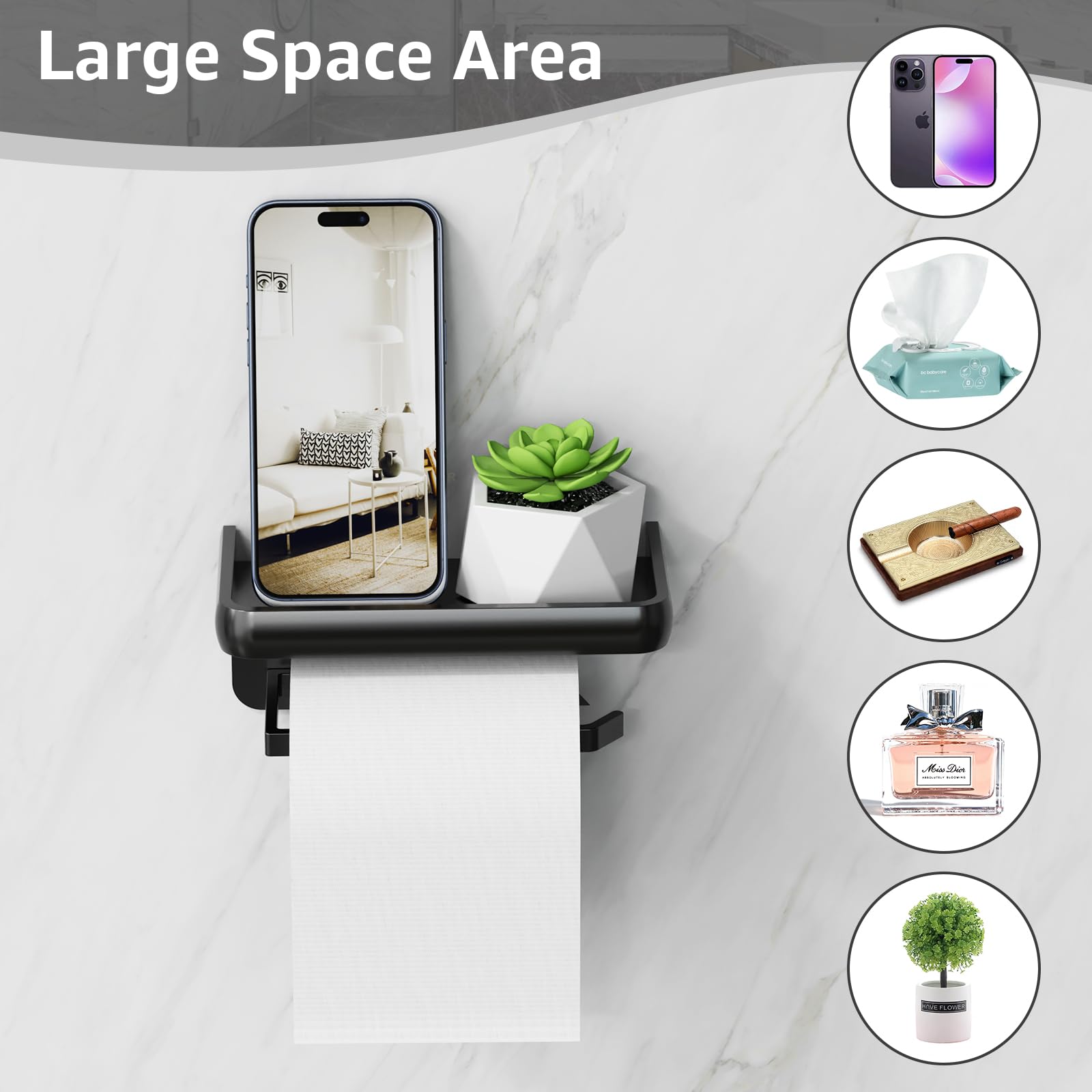 Lucien Toilet Roll Holder No Drilling Required Toilet Roll Holder with Shelf Aluminium Alloy Toilet Paper Holder Wall Mounted for Kitchen and Bathroom (Black) - Image 2