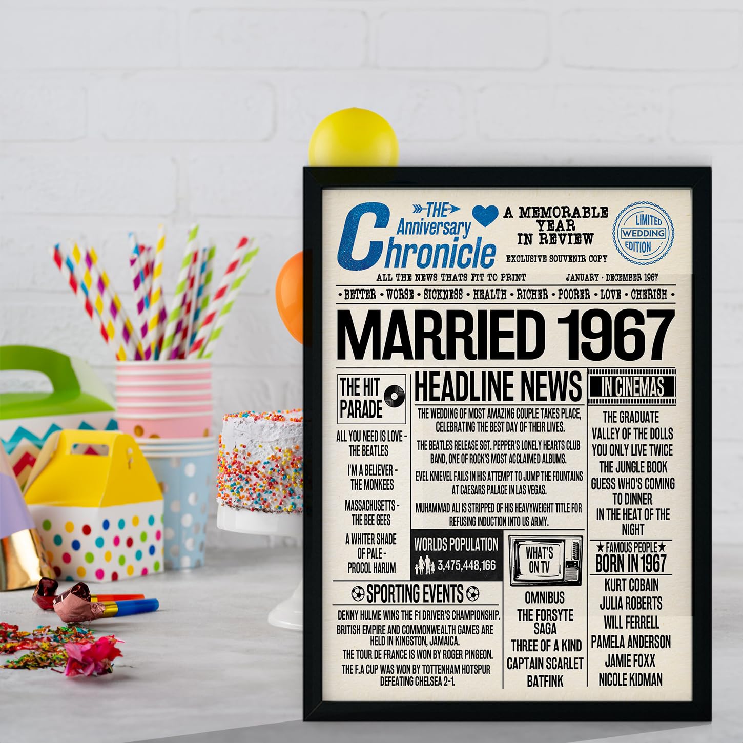 Stuff4 59th Anniversary Poster Framed, Married In 1967 Newspaper - Image 4