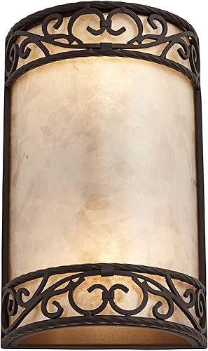 John Timberland Lámpara de pared rústica de mica natural, pergamino de hierro de metal marrón nogal, 12 12 pulgadas, decoración curvada para
