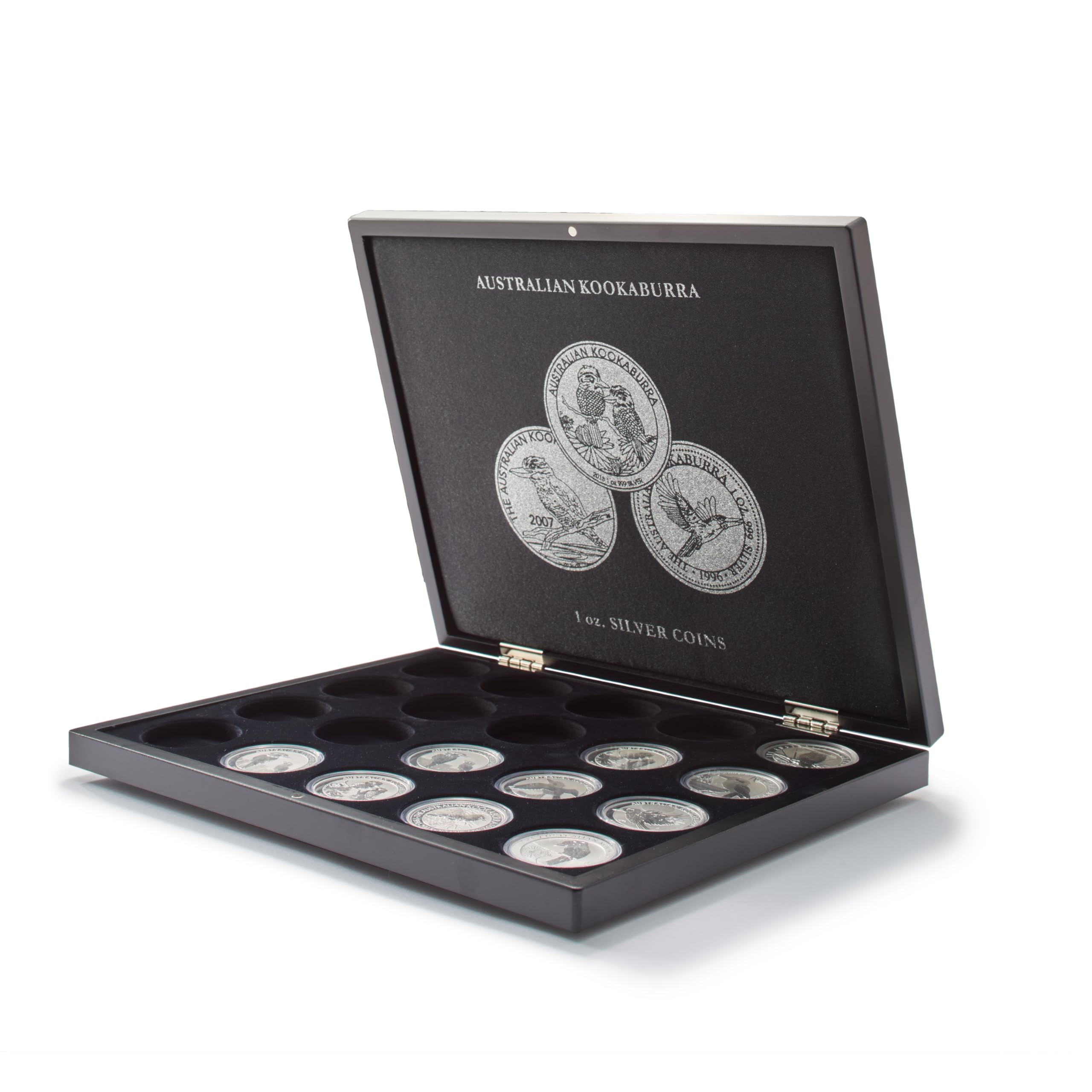 Leuchtturm 346441 Estuche Volterra Uno para 20 Monedas de Plata Australian Kookaburra - 30,5 x 24,5 cm, Satinado, óptico Negro
