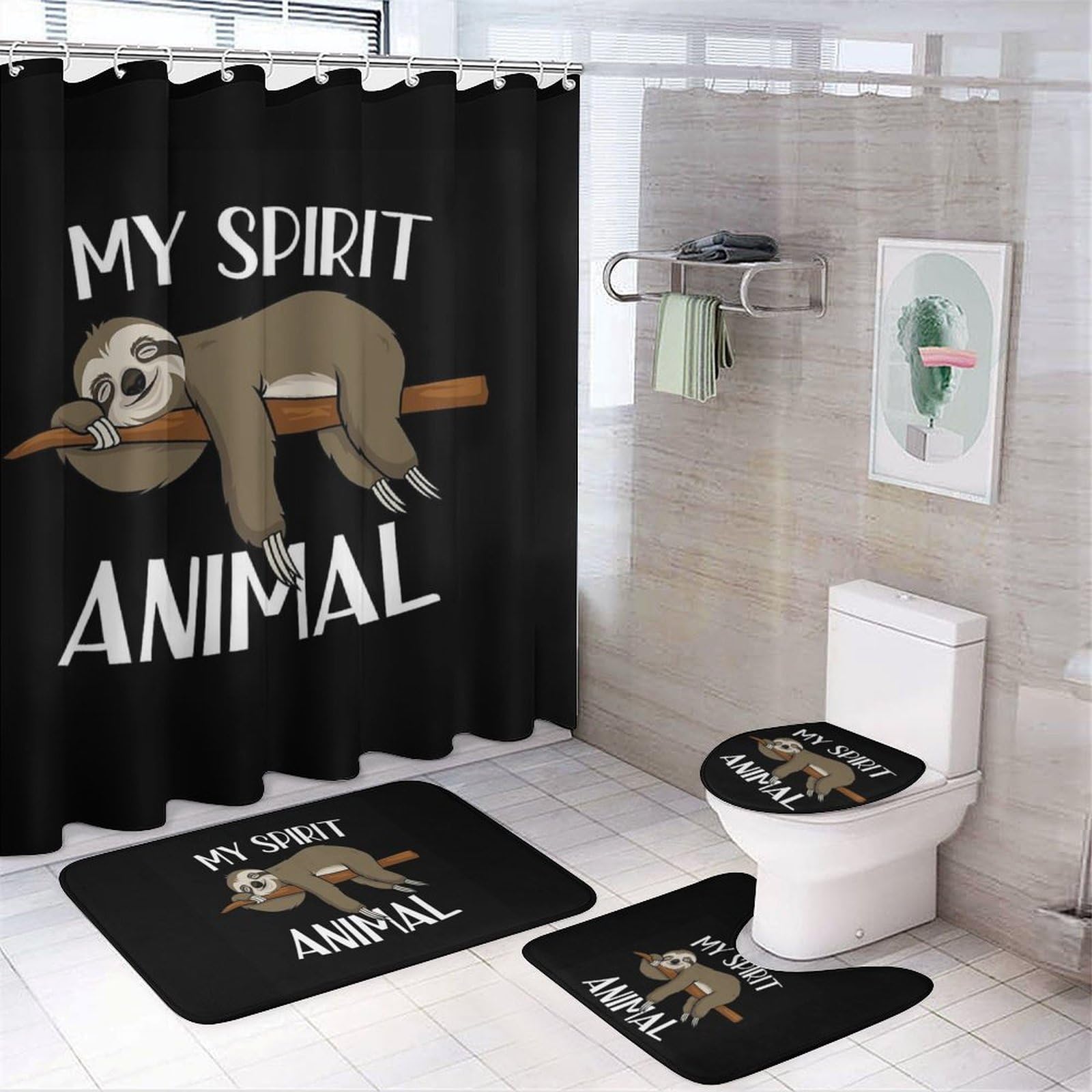 JiuPopular Bathroom Mat Set 4 Piece, My Sprirt Animal Sloth Shower Curtain with Non-Slip Bath Mats for Bathroom