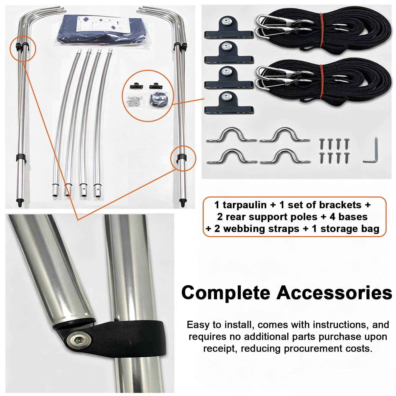 Tendalino Barca 4 Archi, Tendalino Bimini per Imbarcazione, Struttura in Alluminio, Tessuto Oxford 900D, con Custodia, 2 Pali di Supporto Posteriori e 2 Cinghie(230-260cm/90-102in)