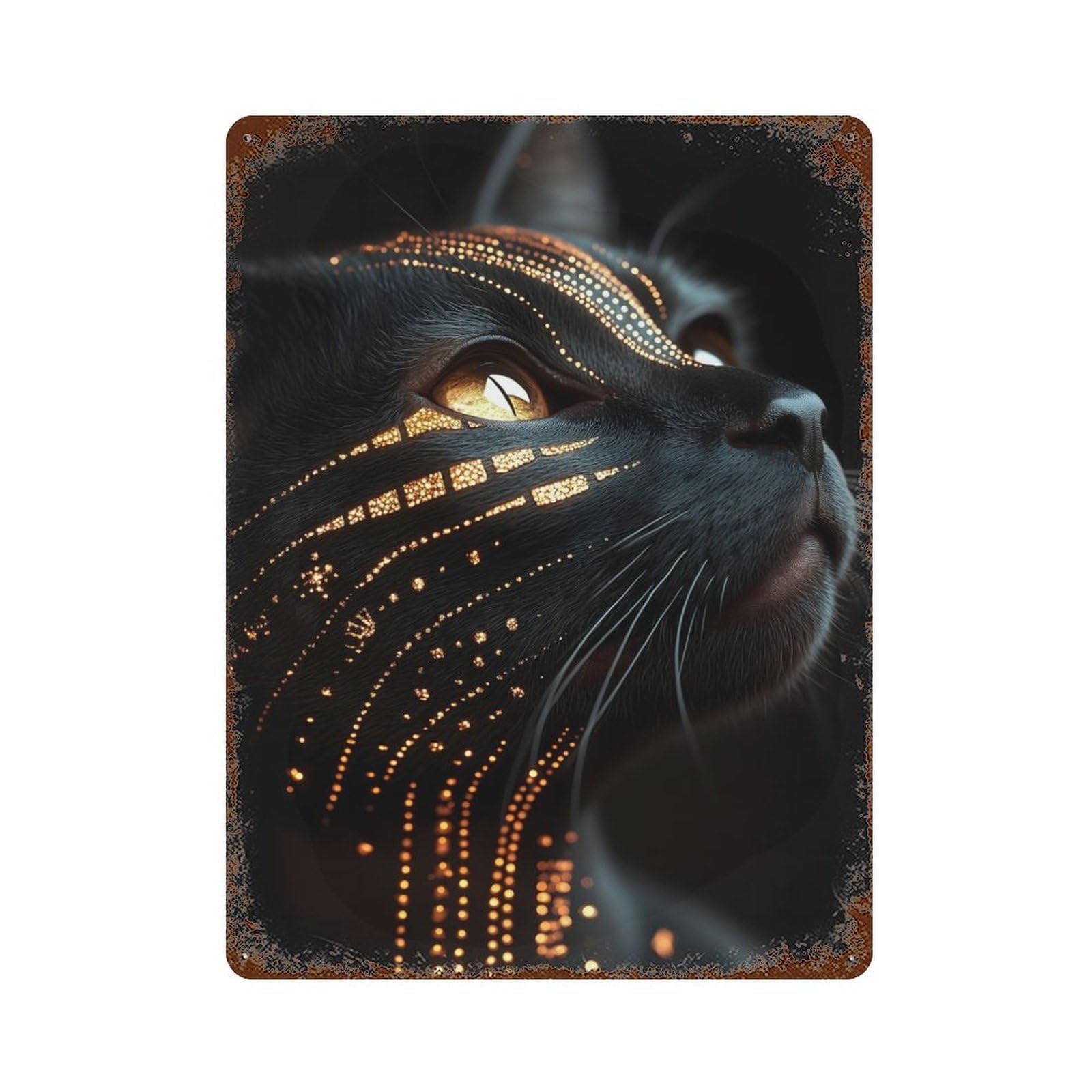 Abyssinian Black Cat with Golden Pattern Rusty Metal Tin Sign 15.7"x11.8", Shabby Chic Decor for Garage, Bar And Workshop Decor