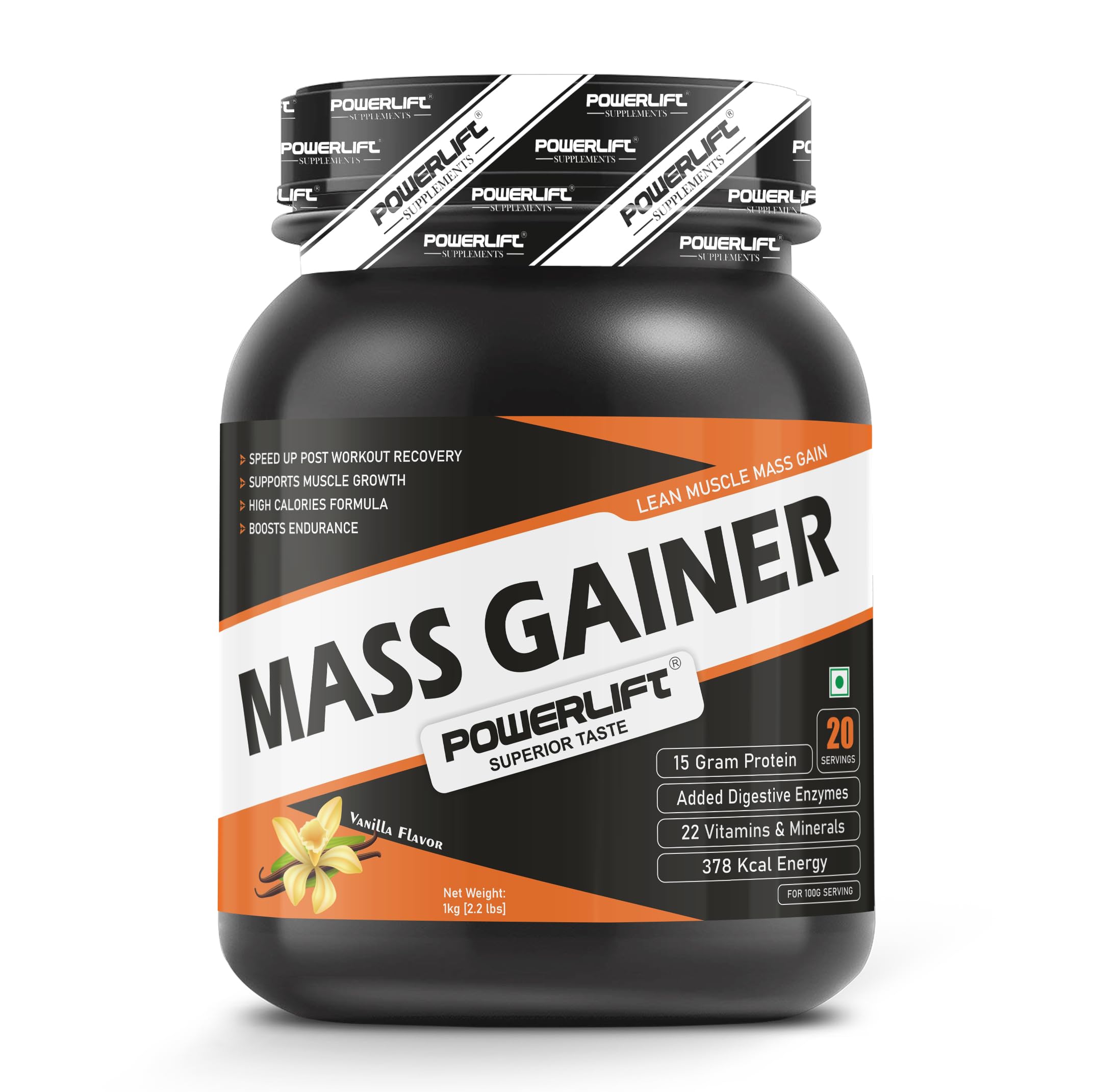 PowerLift Muscle Mass Gainer Protein Powder (1kg Vanilla) High Protein Gainer For Muscles Gain | With Digezyme Blend, added Multivitamins & Minerals