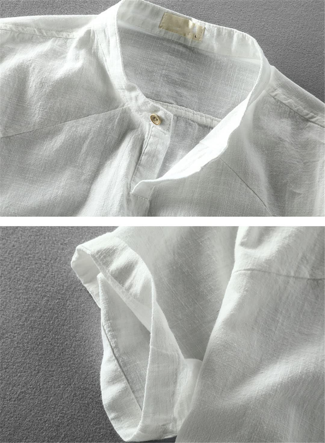 Maglietta da uomo in cotone e lino a maniche corte con colletto alla coreana, Grigio chiaro, XL