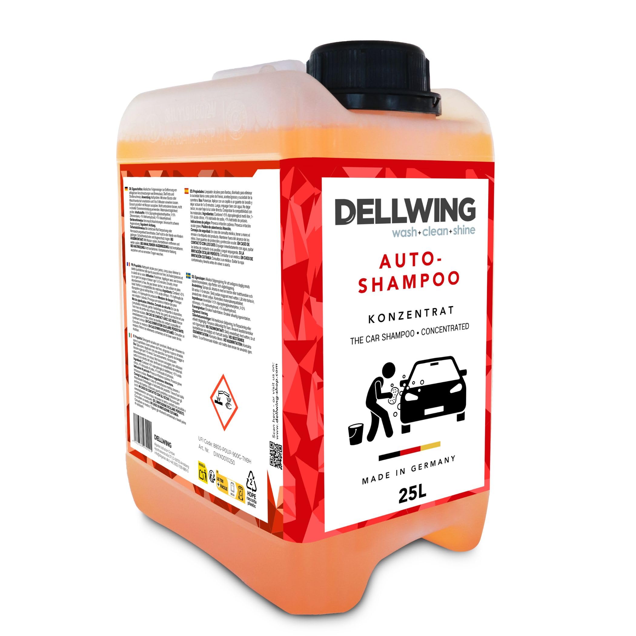 Dellwing Autoshampoo Konzentrat 25 l, Auto Shampoo mit Aktivschaumformel, Autowäsche und Autopflege außen, Made in Germany