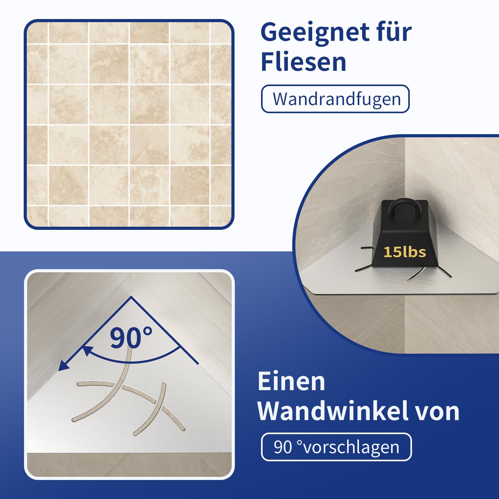 Duschablage 304 Edelstah,Duschregal Ecke,Gebürstet,1 Stück | 3 mm Stärke Pentagonal Eckregal Ohne Bohren,Badezimmer-Duschregal Duschablage für Sanierung & Neubau