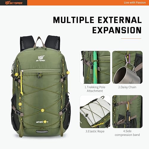 Miniatura 5 de SKYSPER Mochila de senderismo plegable de 30 L, ligera, mochila de viaje para mujeres y hombres, Ishell30-verde militar, Mochilas Daypack