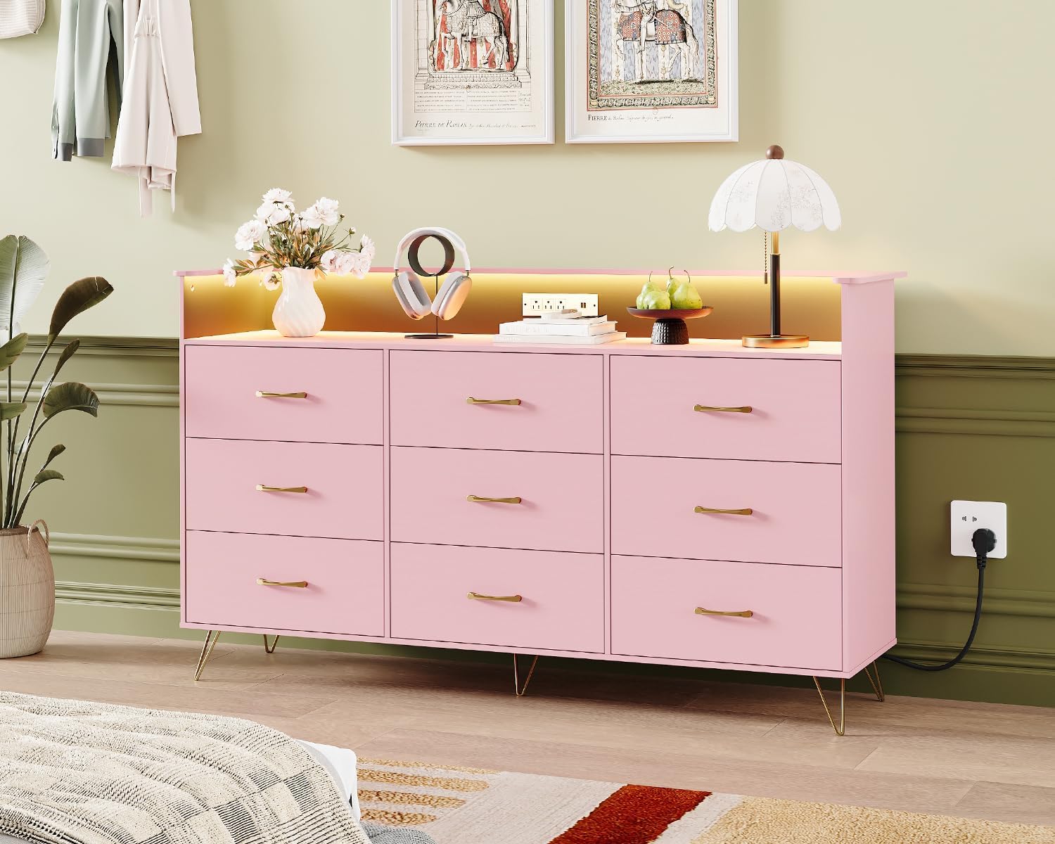 GarveeHome 9-Drawer Dresser with RGB Lights & Charging Station, App Controlled Music Sync LED Dresser, Large Capacity Wooden Chest of Drawers for Bedroom, Closet, Living Room Organization​, Pink